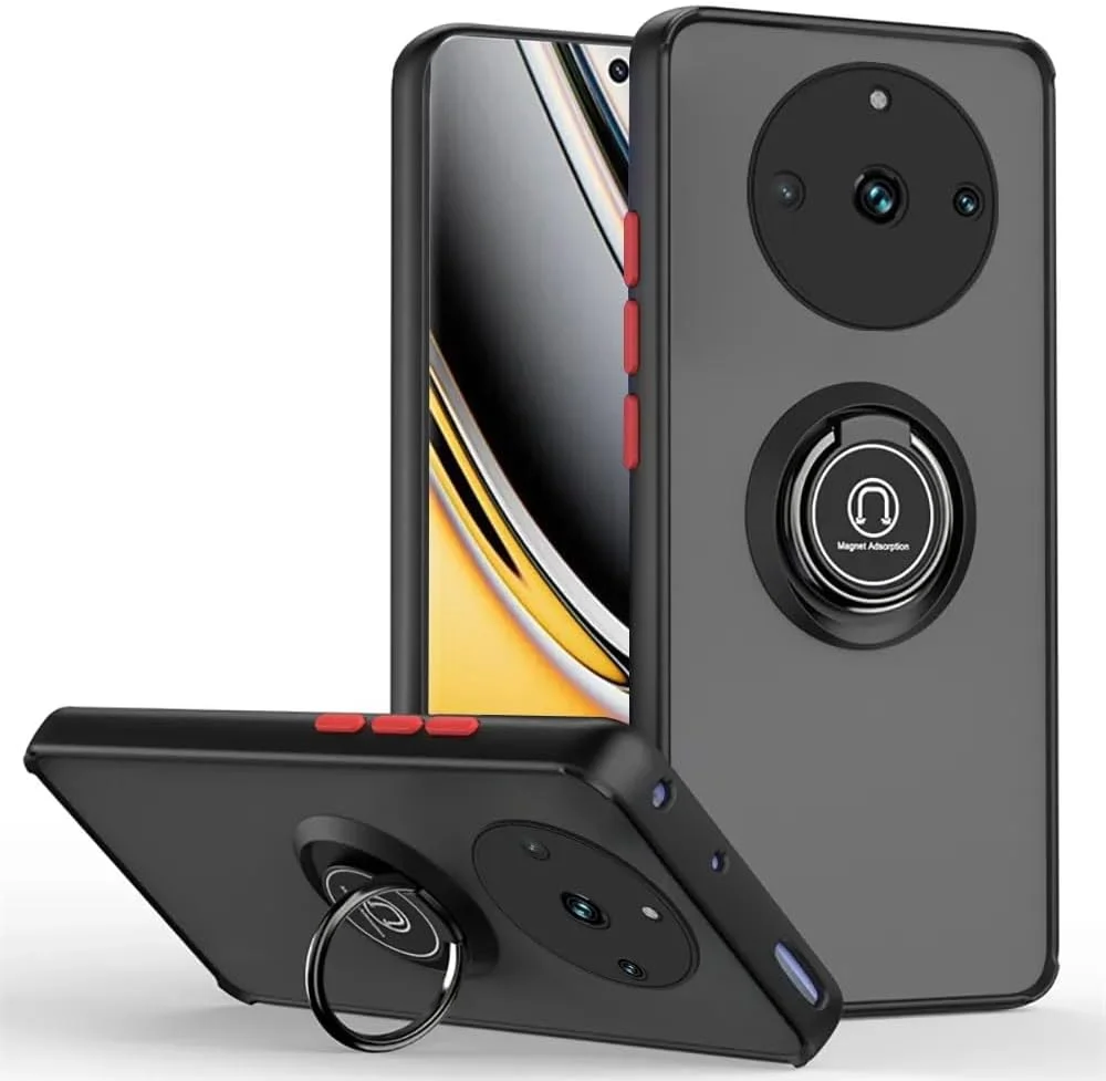 قاب گوشی جنریک ریلمی 11 پرو / ریلمی 11 پرو پلاس، بدنه سخت سیلیکونی مشکی مات ضد ضربه با حلقه مغناطیسی و پایه نگهدارنده