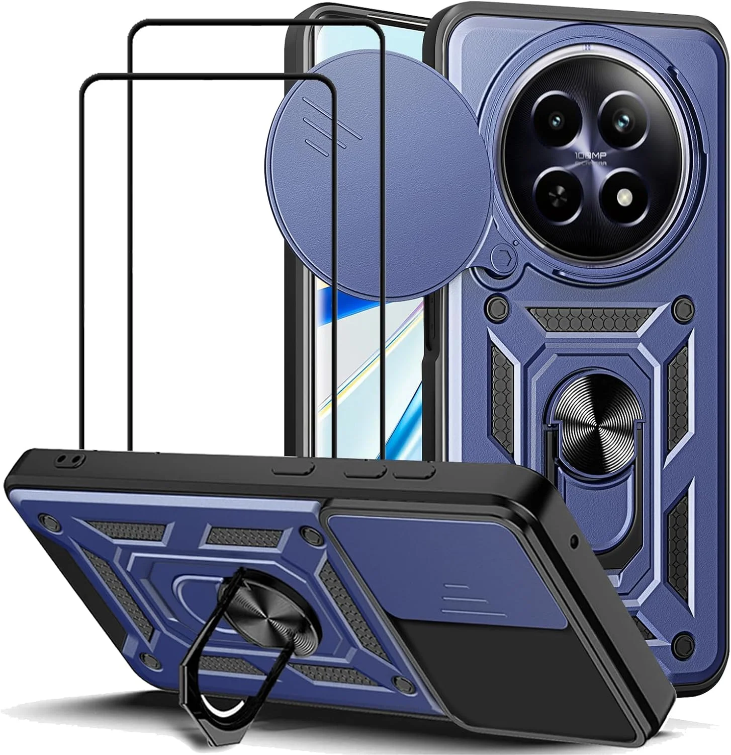 قاب محافظ گوشی EasyLifeGo مناسب برای Realme 12 5G / Realme 12x 5G به همراه پوشش کشویی دوربین، استند انگشتی و محافظ صفحه نمایش شیشه ای حرارت دیده [2 عدد]، مقاوم در برابر ضربه، آبی