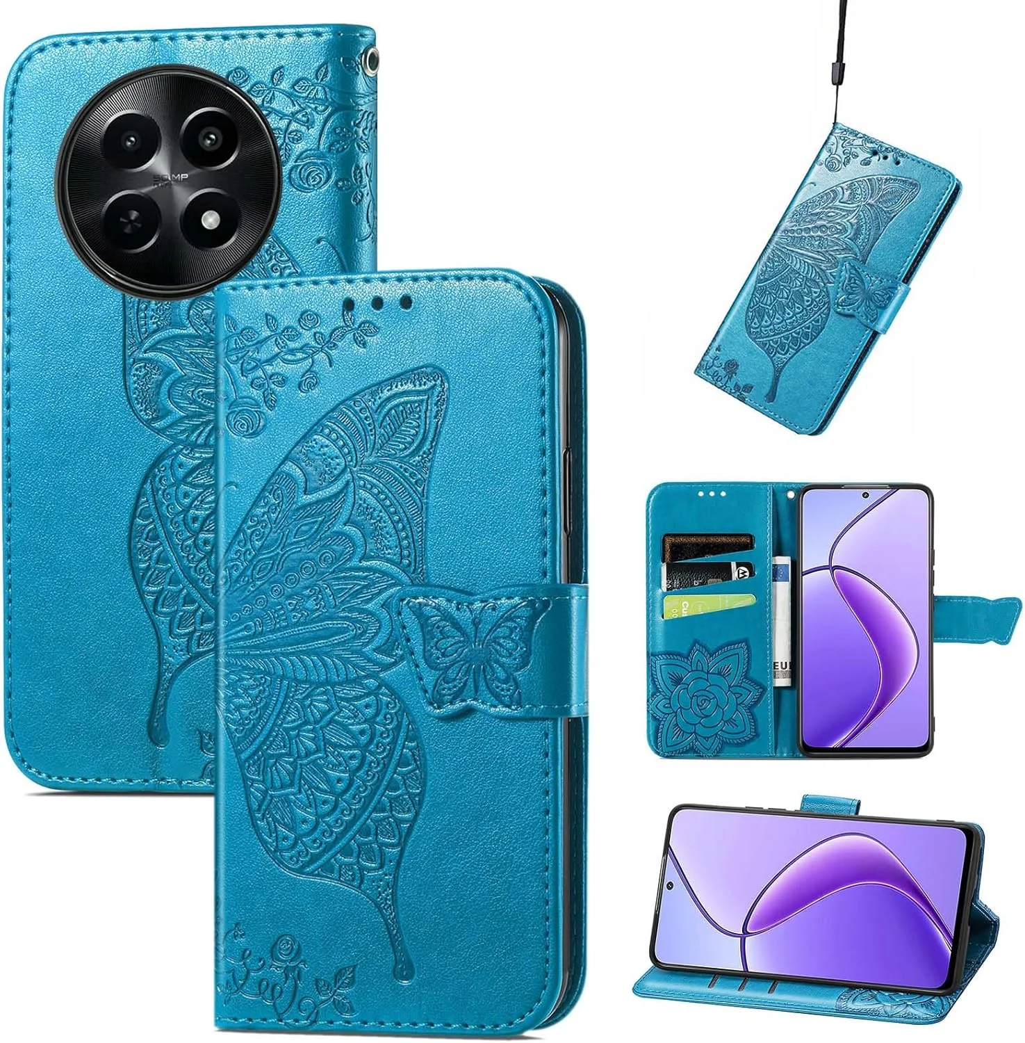 کاور HAOYE برای گوشی های OPPO Realme 12X 5G / Realme 12 5G، کیف پول تاشو با قفل مغناطیسی، چرم PU / TPU طرح پروانه برجسته با استند / جای کارت. آبی