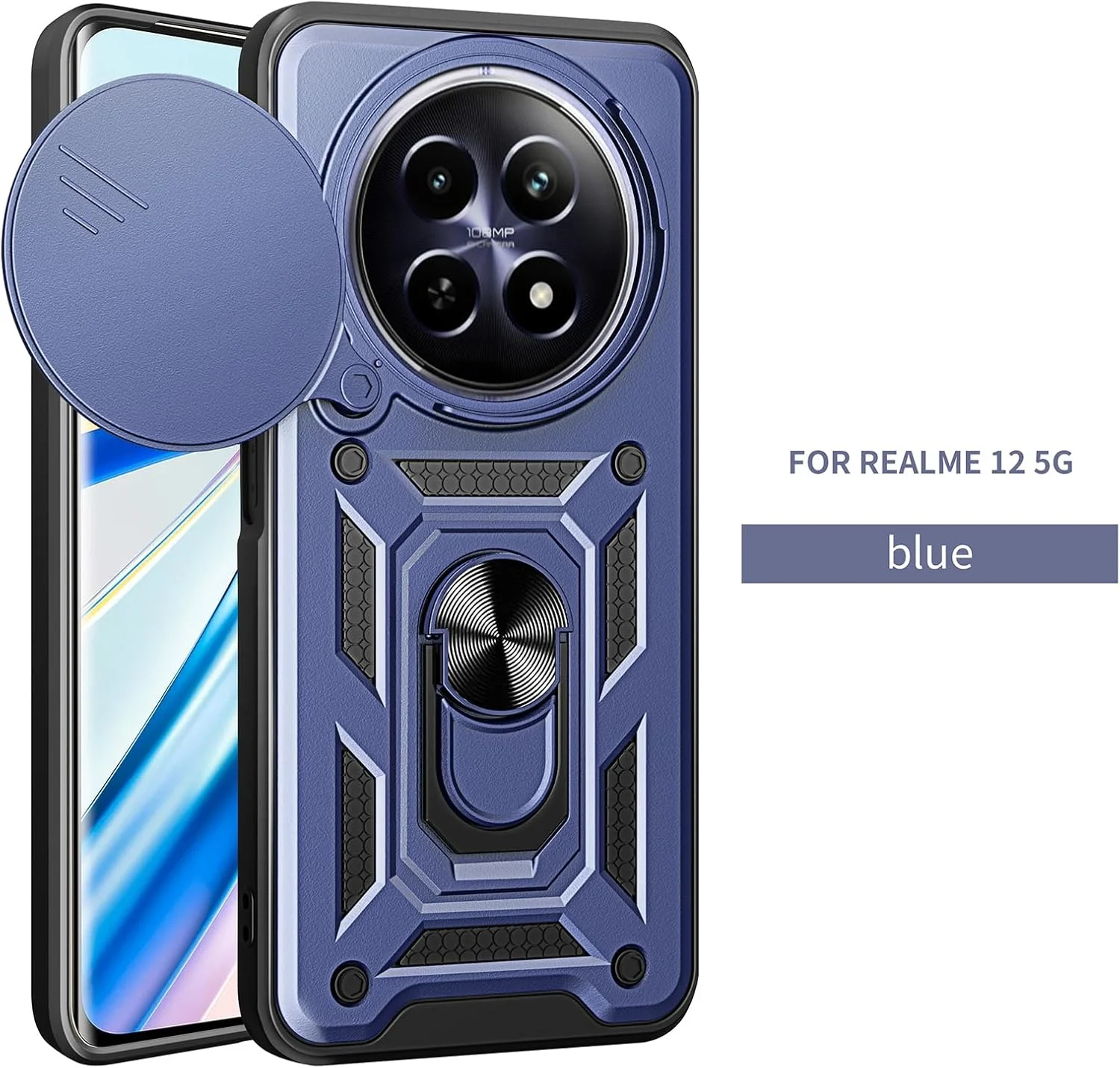 قاب محافظ گوشی EasyLifeGo مناسب برای Realme 12 5G / Realme 12x 5G به همراه پوشش کشویی دوربین، استند انگشتی و محافظ صفحه نمایش شیشه ای حرارت دیده [2 عدد]، مقاوم در برابر ضربه، آبی