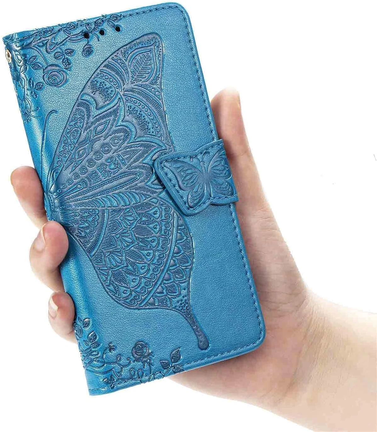 کاور HAOYE برای گوشی های OPPO Realme 12X 5G / Realme 12 5G، کیف پول تاشو با قفل مغناطیسی، چرم PU / TPU طرح پروانه برجسته با استند / جای کارت. آبی