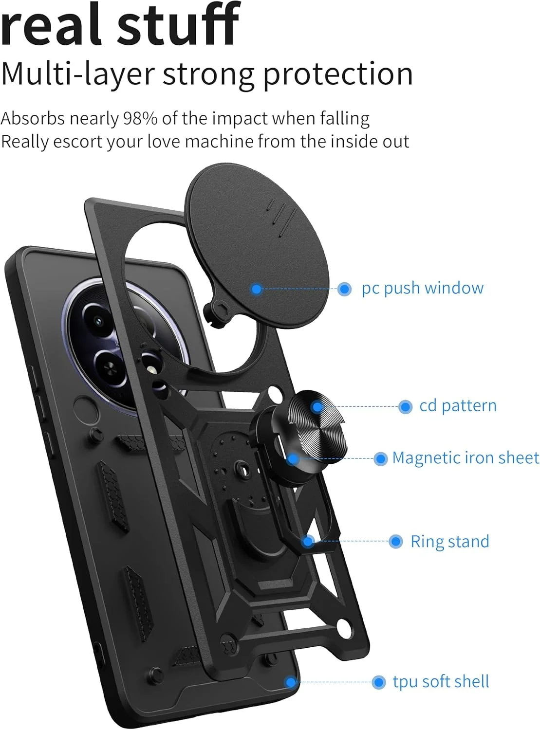 قاب محافظ گوشی EasyLifeGo مناسب برای Realme 12 5G / Realme 12x 5G به همراه پوشش کشویی دوربین، استند انگشتی و محافظ صفحه نمایش شیشه ای حرارت دیده [2 عدد]، مقاوم در برابر ضربه، آبی