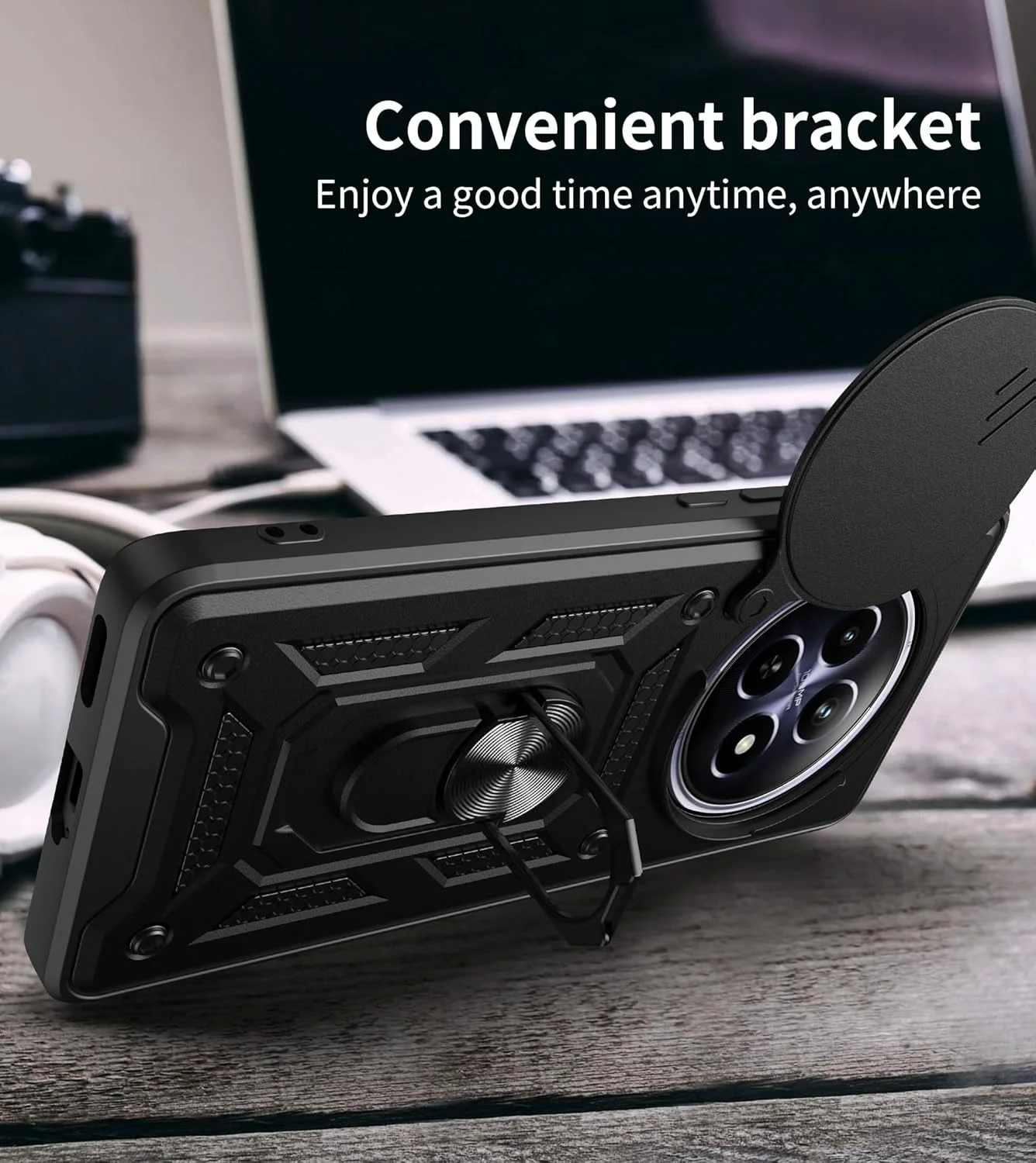 قاب محافظ گوشی EasyLifeGo مناسب برای Realme 12 5G / Realme 12x 5G به همراه پوشش کشویی دوربین، استند انگشتی و محافظ صفحه نمایش شیشه ای حرارت دیده [2 عدد]، مقاوم در برابر ضربه، آبی