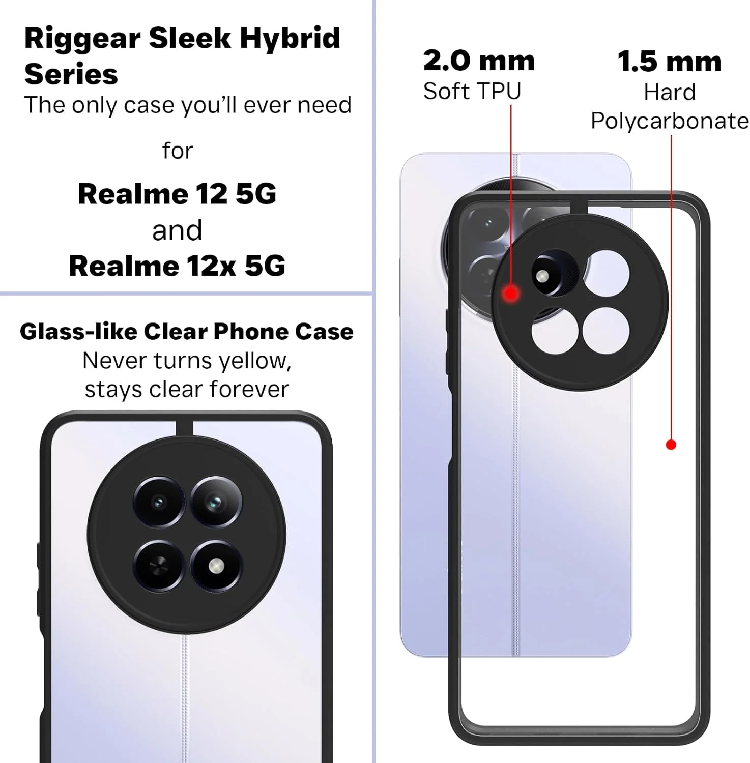 کاور محافظ ضد ضربه هیبریدی RIGGEAR سازگار با Realme 12 5G و Realme 12X 5G (پلی کربنات شفاف + بامپر TPU مشکی) کاور محافظ ضد ضربه هیبریدی RIGGEAR سازگار با Realme 12 5G و Realme 12X 5G (پلی کربنات شفاف + بامپر TPU مشکی)