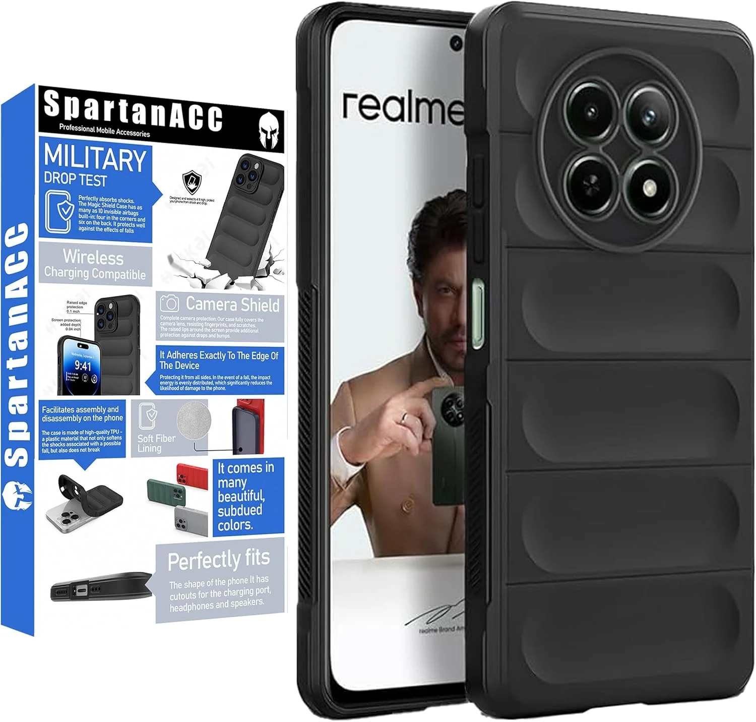 قاب گوشی ریل‌می 12 5G، محافظ صفحه نمایش ریل‌می 12 [دو عدد] قاب سیلیکونی ضد ضربه، محافظ لنز دوربین با محافظت نظامی در برابر سقوط، کاور ریل‌می 12 انعطاف پذیر (مشکی، 12 5G بدون شیشه)