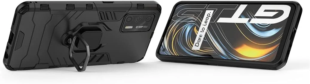 قاب محافظ گوشی موبایل مایجین سازگار با اوپو Realme GT 5G و RealmeGT Neo، دارای حلقه فلزی، پایه استند و ضربه گیر دو لایه (مشکی)