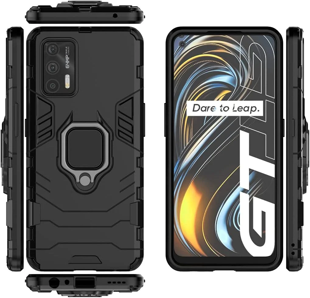 قاب محافظ گوشی موبایل مایجین سازگار با اوپو Realme GT 5G و RealmeGT Neo، دارای حلقه فلزی، پایه استند و ضربه گیر دو لایه (مشکی)