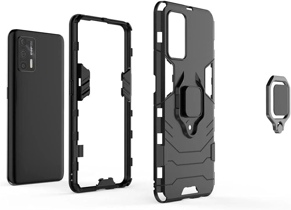 قاب محافظ گوشی موبایل مایجین سازگار با اوپو Realme GT 5G و RealmeGT Neo، دارای حلقه فلزی، پایه استند و ضربه گیر دو لایه (مشکی)