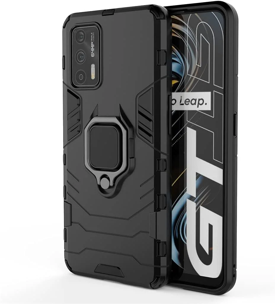 قاب محافظ گوشی موبایل مایجین سازگار با اوپو Realme GT 5G و RealmeGT Neo، دارای حلقه فلزی، پایه استند و ضربه گیر دو لایه (مشکی)