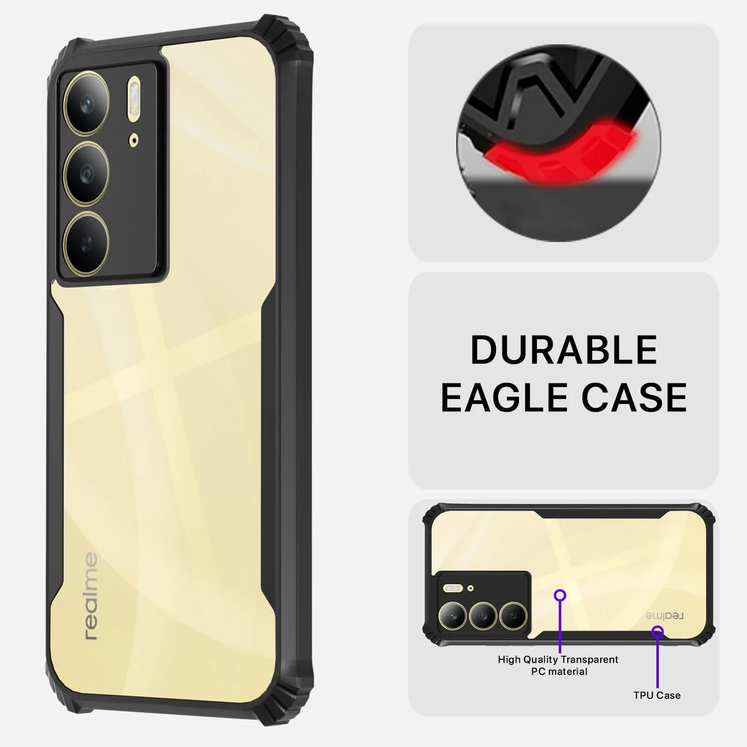 کاور محافظ گوشی مدل Zege سازگار با Realme C75، کاور پشتی سخت PC شفاف با حاشیه مشکی TPU ضد ضربه، محافظت 360 درجه در برابر ضربه، محافظ لنز دوربین، کاور شفاف