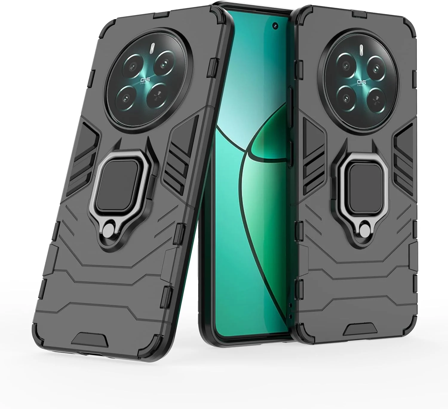 قاب محافظ دو لایه مقاوم در برابر ضربه با پایه حلقه ای مغناطیسی مناسب برای گوشی های ریلمی 12 پرو پلاس 5G / ریلمی 12 پرو 5G - مشکی