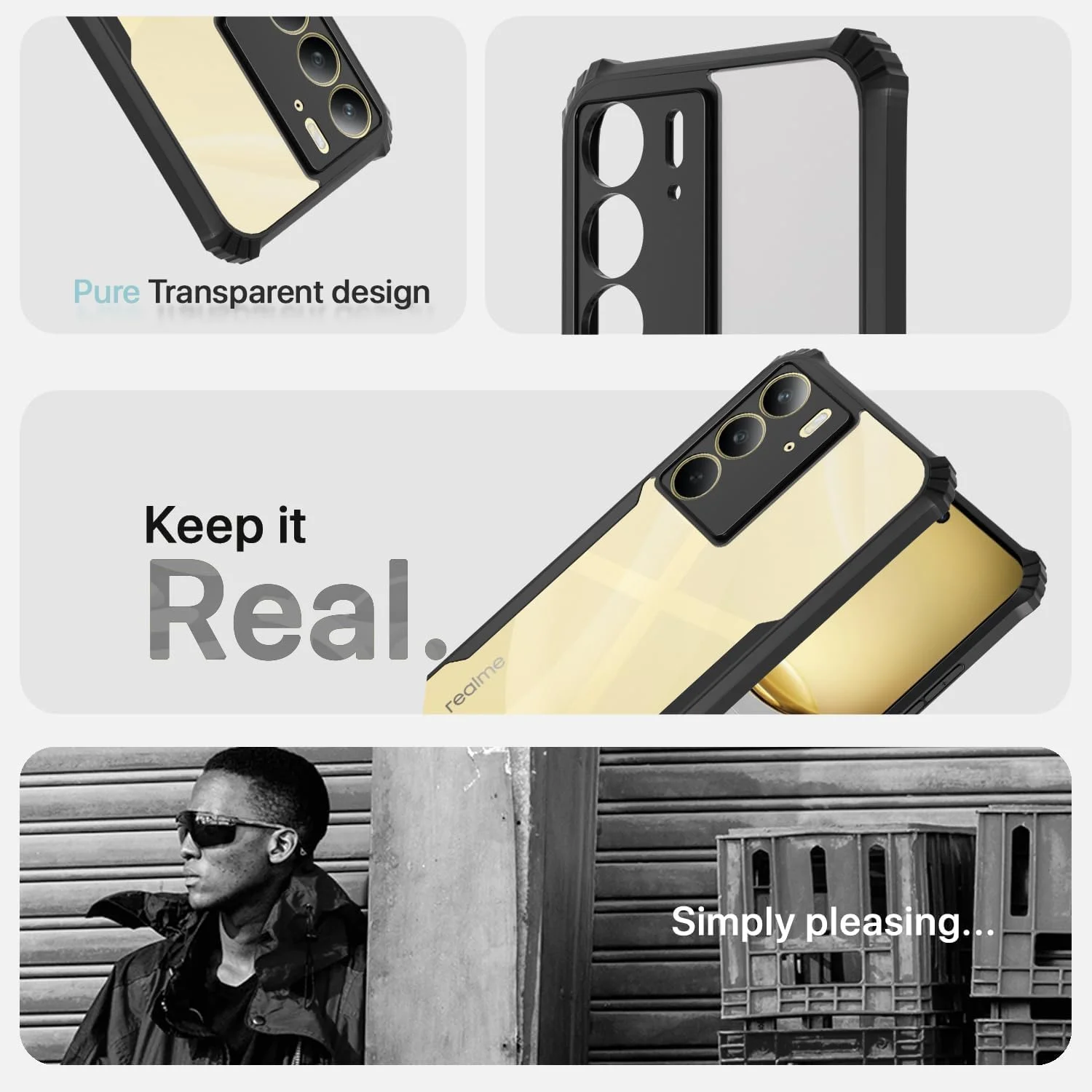 کاور محافظ گوشی مدل Zege سازگار با Realme C75، کاور پشتی سخت PC شفاف با حاشیه مشکی TPU ضد ضربه، محافظت 360 درجه در برابر ضربه، محافظ لنز دوربین، کاور شفاف