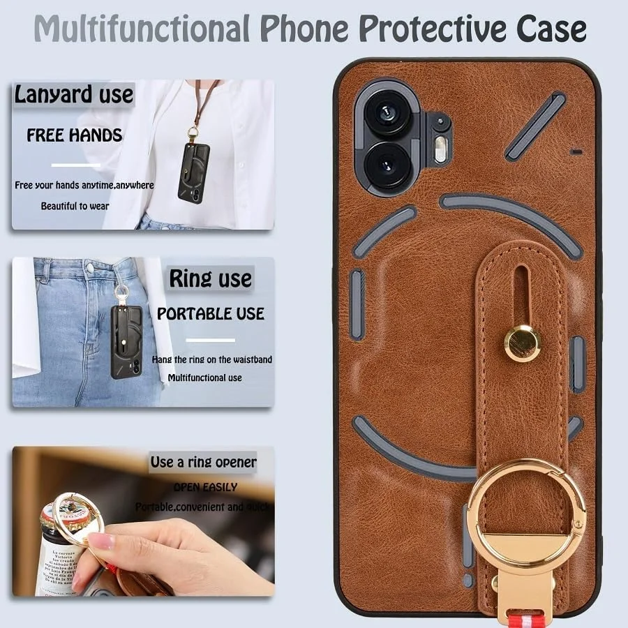 کاور چرمی لوکس گوشی مدل YIMICO مناسب برای Nothing Phone 2 به همراه بند مچی، بند دستی، پایه و حلقه فلزی (قهوه ای)