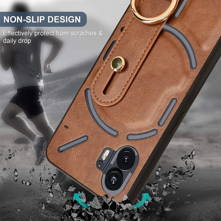 کاور چرمی لوکس گوشی مدل YIMICO مناسب برای Nothing Phone 2 به همراه بند مچی، بند دستی، پایه و حلقه فلزی (قهوه ای)