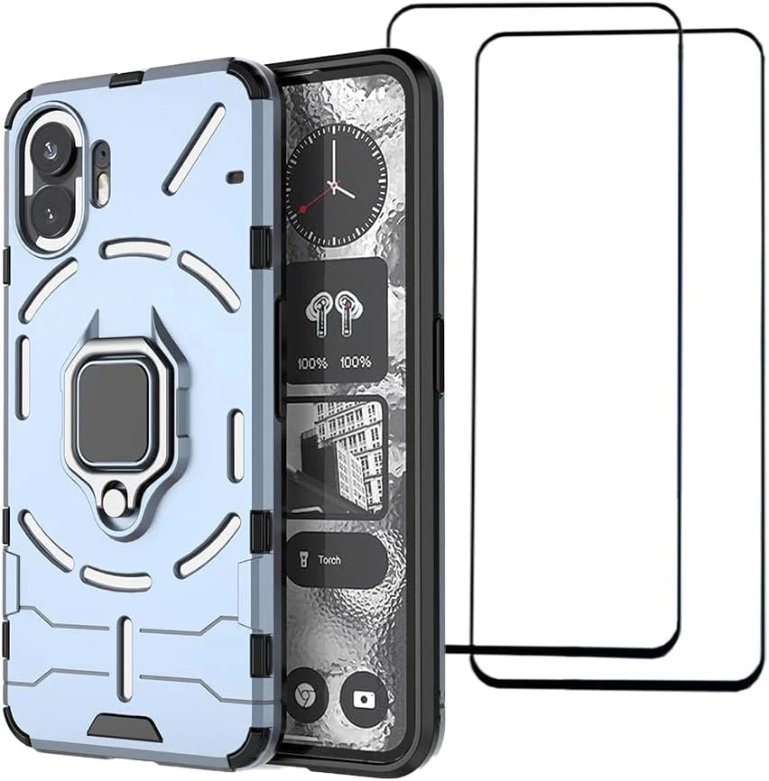 [1+2] کاور محافظ گوشی ناتینگ فون 2 به همراه 2 محافظ صفحه نمایش شیشه ای حرارت دیده، کاور محافظ دو لایه مقاوم در برابر ضربه با پایه حلقه ای مغناطیسی (ناتینگ فون 2، آبی)