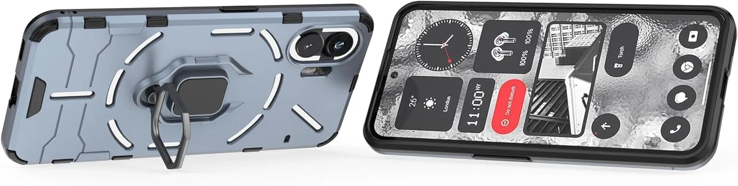 [1+2] کاور محافظ گوشی ناتینگ فون 2 به همراه 2 محافظ صفحه نمایش شیشه ای حرارت دیده، کاور محافظ دو لایه مقاوم در برابر ضربه با پایه حلقه ای مغناطیسی (ناتینگ فون 2، آبی)