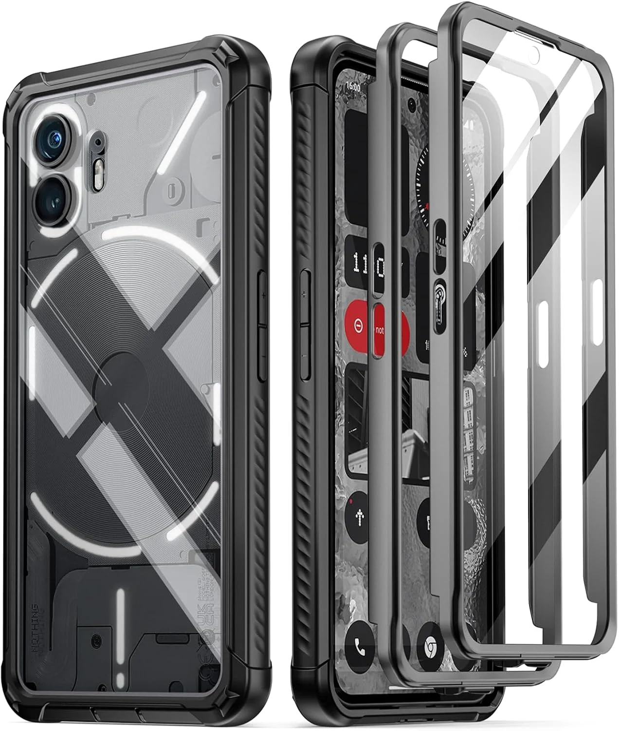 قاب محافظ شیک و مقاوم Poetic Guardian سازگار با ناتینگ فون 2 (صفحه نمایش 6.7 اینچی)، کاور ضربه گیر هیبریدی تمام بدنه با محافظ صفحه نمایش داخلی، مشکی/شفاف