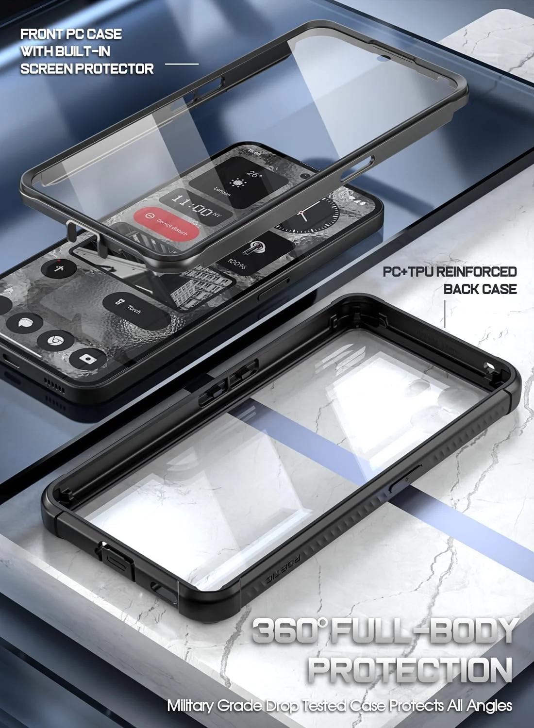 قاب محافظ شیک و مقاوم Poetic Guardian سازگار با ناتینگ فون 2 (صفحه نمایش 6.7 اینچی)، کاور ضربه گیر هیبریدی تمام بدنه با محافظ صفحه نمایش داخلی، مشکی/شفاف