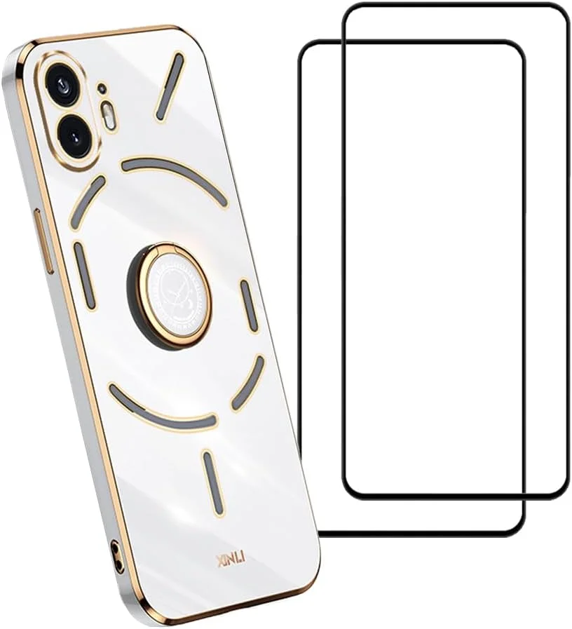 [1+2] کاور گوشی ناتینگ فون 2، به همراه محافظ صفحه نمایش شیشه ای حرارت دیده (2 عدد)، دارای حلقه انگشتی، کاور باریک و نازک TPU نرم با روکش آبکاری شده و ضربه گیر (ناتینگ فون 2، سفید)