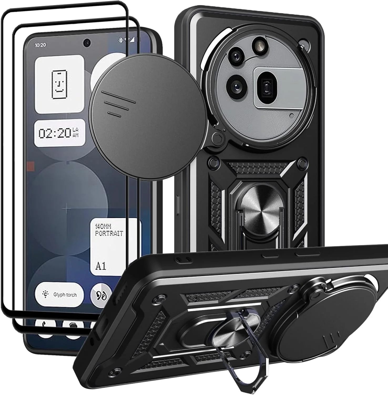 قاب محافظ گوشی ناتینگ فون 3a Pro 5G با پوشش کشویی دوربین، استند انگشتی و محافظ صفحه نمایش شیشه ای حرارت دیده [2 عدد]، قاب محافظ ضد ضربه درجه نظامی، مشکی