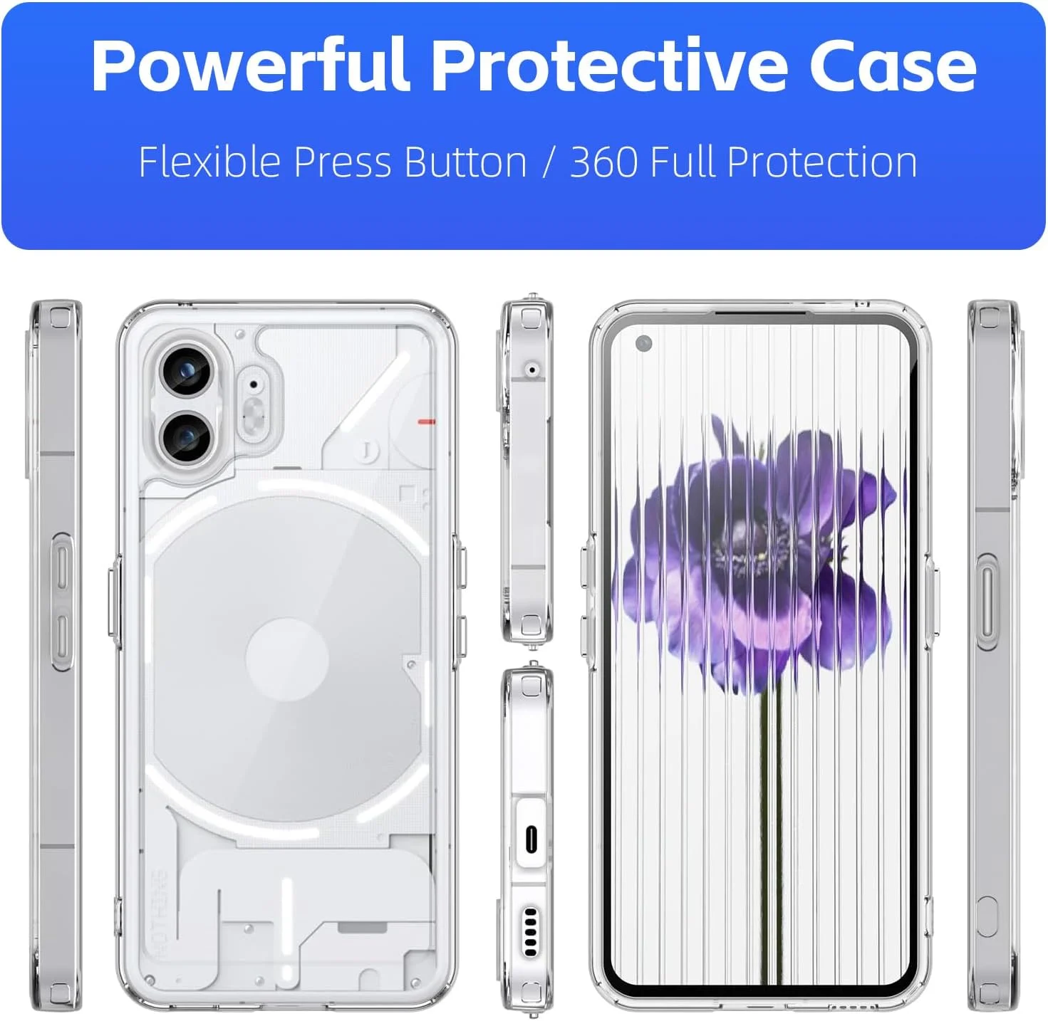 قاب محافظ گوشی ناتینگ فون 2 با 1 حلقه نگهدارنده، مقاوم در برابر خراش، پشت PC سخت، پوشش مقاوم در برابر ضربه (شفاف، MF برای ناتینگ فون 2)