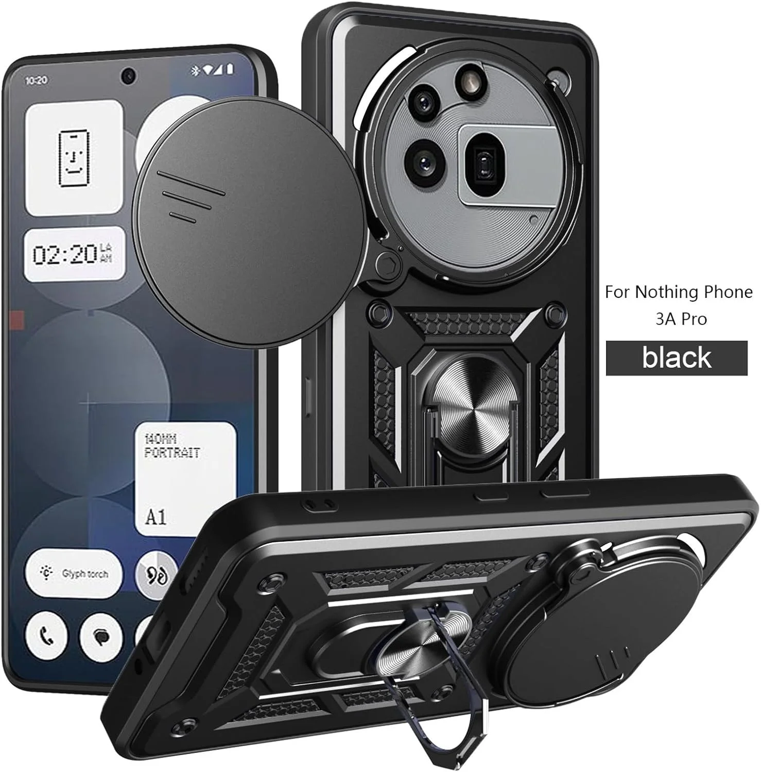 قاب محافظ گوشی ناتینگ فون 3a Pro 5G با پوشش کشویی دوربین، استند انگشتی و محافظ صفحه نمایش شیشه ای حرارت دیده [2 عدد]، قاب محافظ ضد ضربه درجه نظامی، مشکی