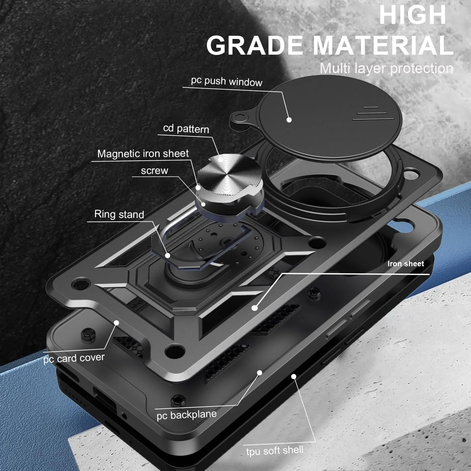 قاب محافظ گوشی ناتینگ فون 3a Pro 5G با پوشش کشویی دوربین، استند انگشتی و محافظ صفحه نمایش شیشه ای حرارت دیده [2 عدد]، قاب محافظ ضد ضربه درجه نظامی، مشکی