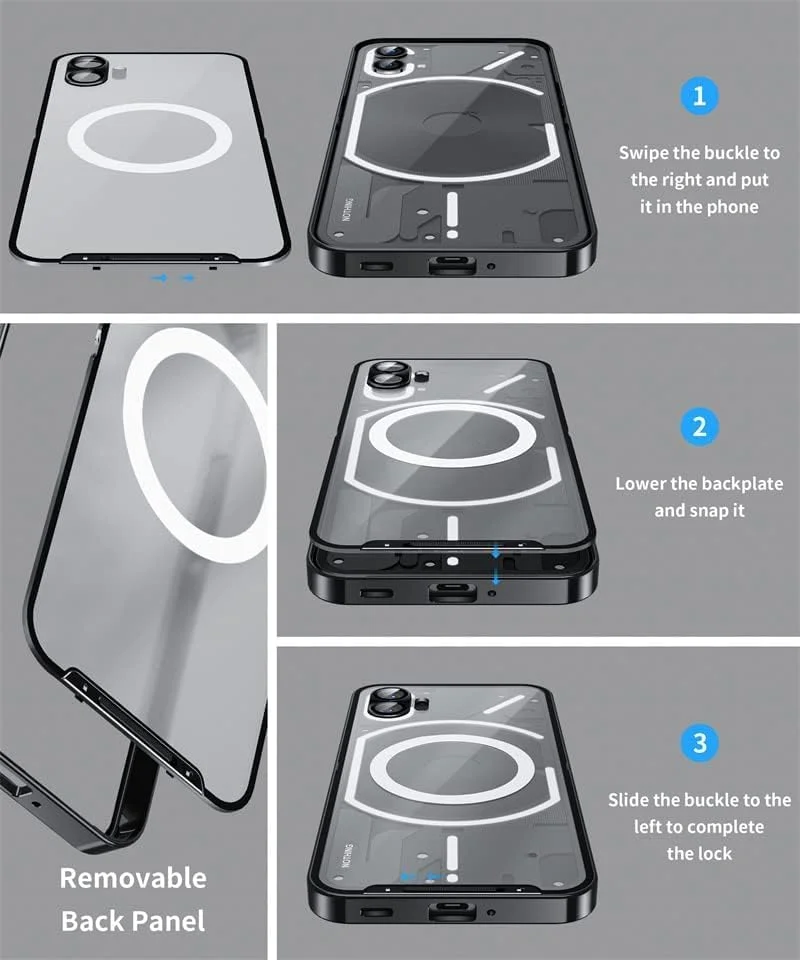 قاب محافظ گوشی ناتینگ فون 2، شارژ بی‌سیم مغناطیسی، محافظت در برابر سقوط، فریم فلزی باریک و ضد ضربه برای گوشی ناتینگ فون 2 (ناتینگ فون 2، نقره‌ای)