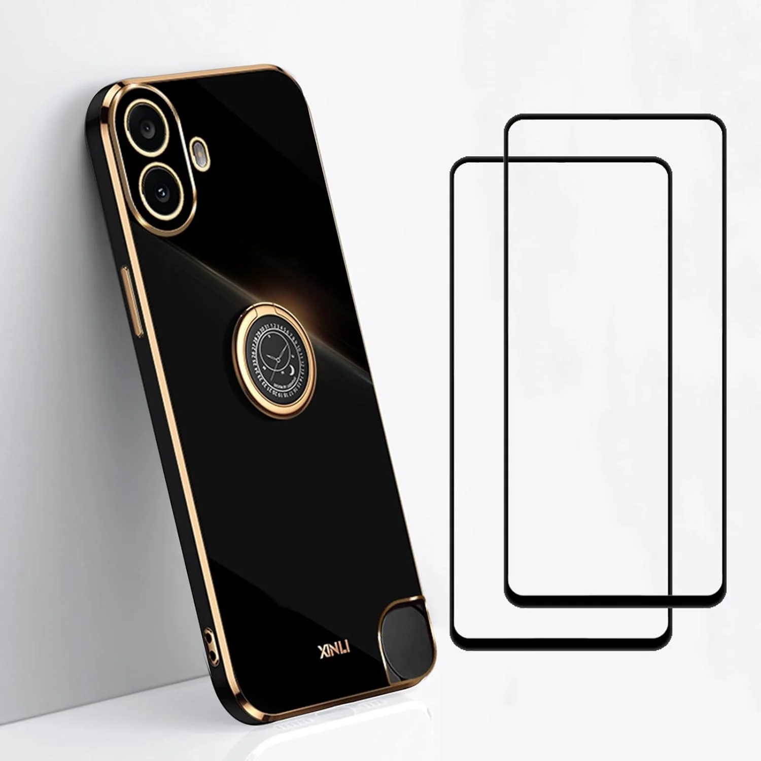 قاب گوشی EasyLifeGo برای Nothing CMF Phone 1 به همراه محافظ صفحه نمایش شیشه ای حرارت دیده [2 عدد]، TPU نرم ضد ضربه با پایه انگشتی 360 درجه، کاور باریک با روکش - مشکی