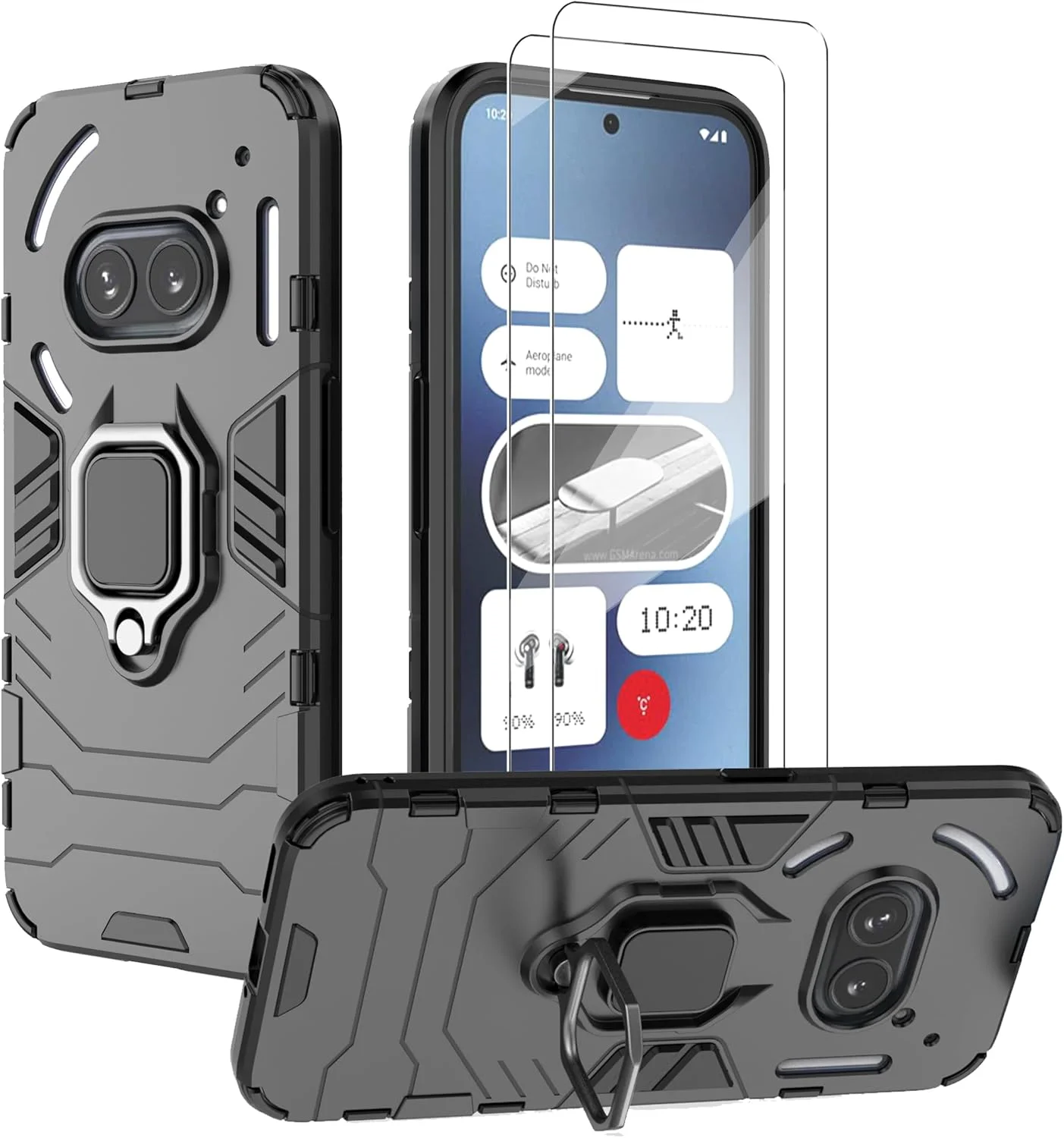 کاور محافظ گوشی ناتینگ فون 2a پلاس به همراه محافظ صفحه نمایش شیشه ای [2 عدد]، کاور محافظتی دو لایه و مقاوم در برابر ضربه با پایه حلقه ای مغناطیسی - مشکی