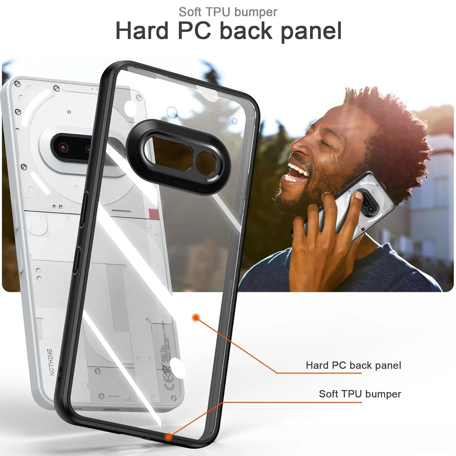 کاور محافظ شفاف گوشی ناتینگ فون (3a)، باریک و مقاوم در برابر زرد شدن، دارای پشت سخت PC و ضربه‌گیر نرم، ضد ضربه و محافظ گوشی ناتینگ فون 3a