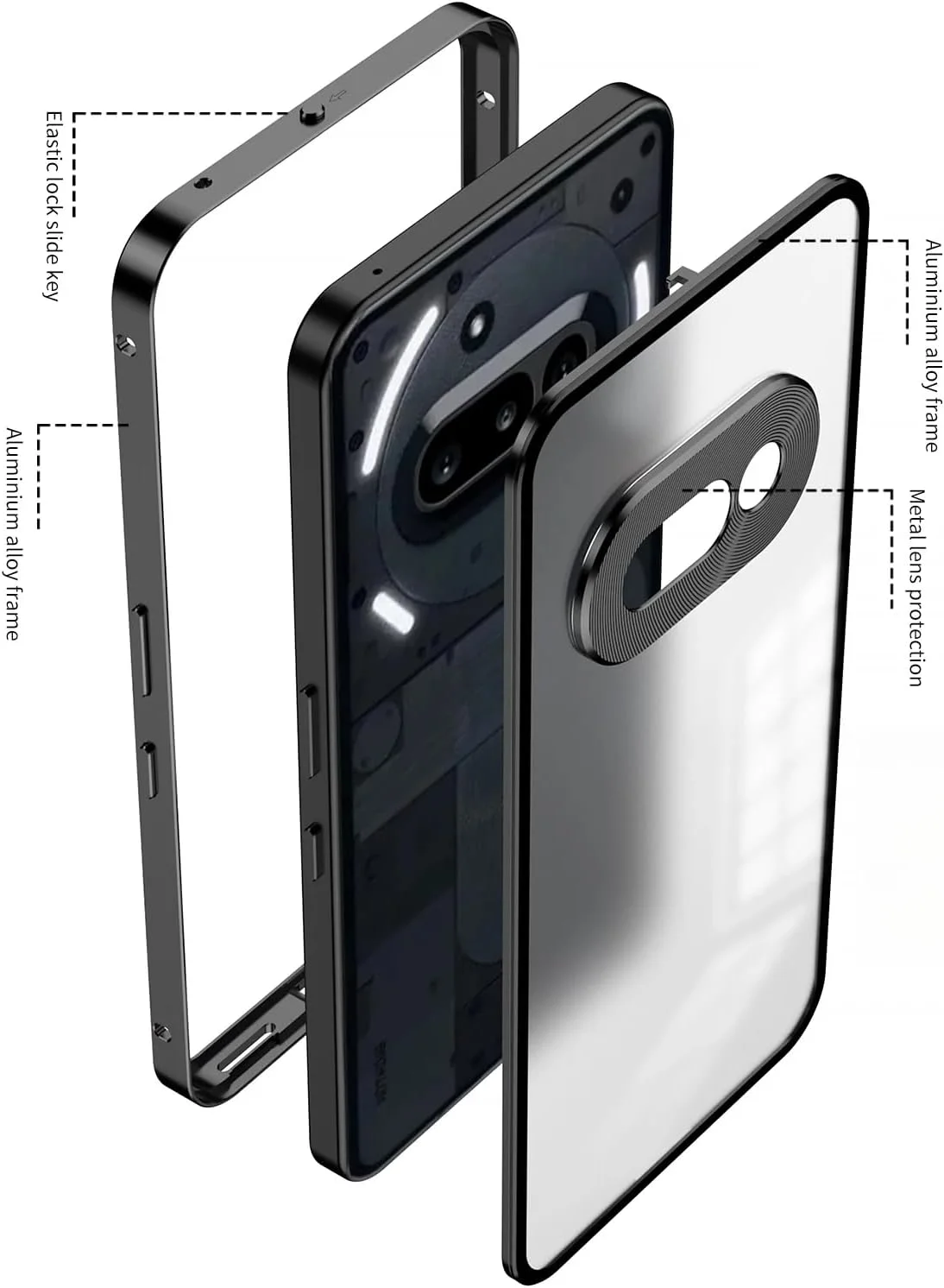 قاب محافظ گوشی ناتینگ فون (3a) مدل Gruattreay، فریم فلزی آلیاژ آلومینیوم، پشت مات و نیمه شفاف، ضد ضربه، مناسب برای ناتینگ فون 3a (مشکی)