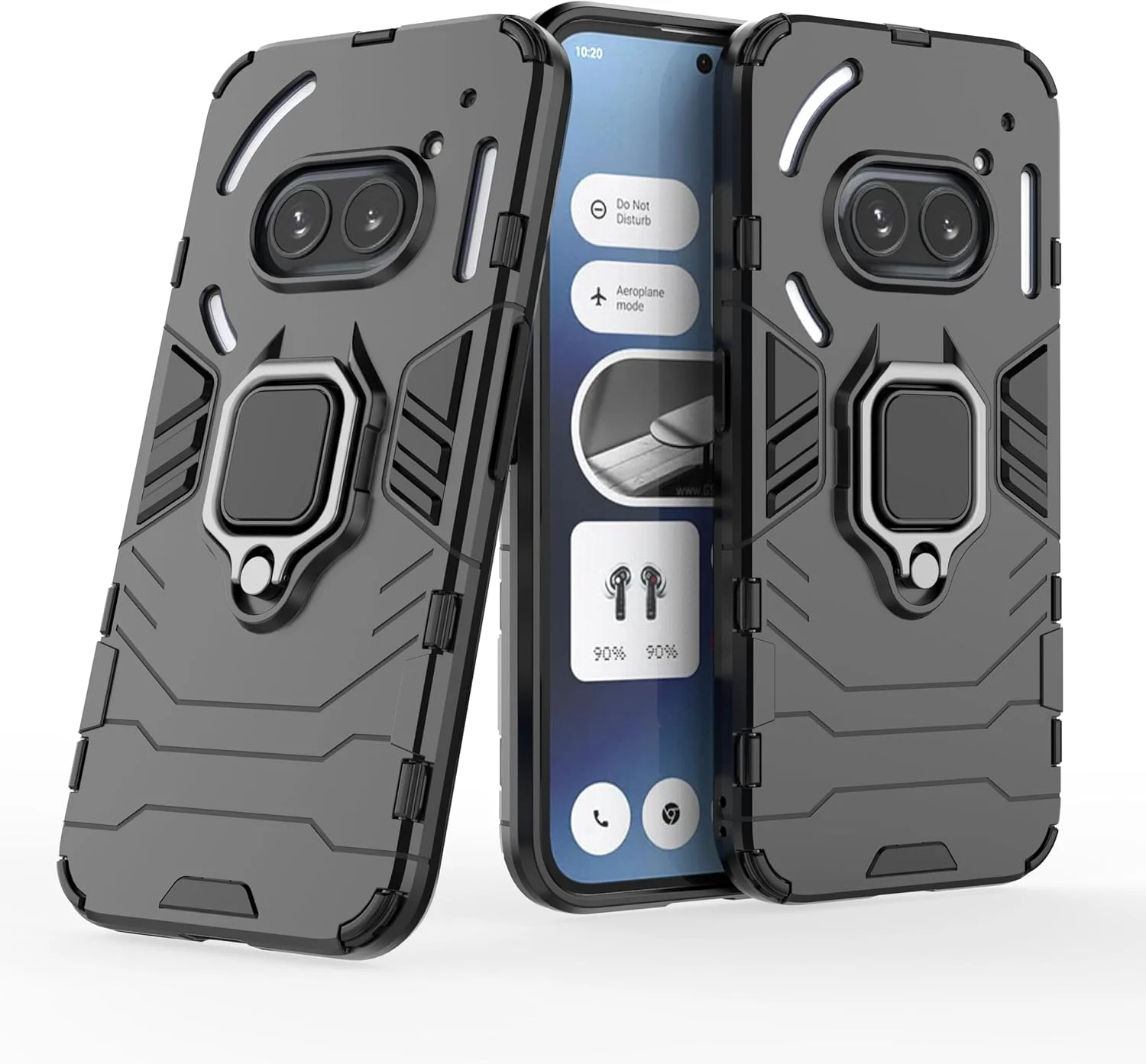 کاور محافظ گوشی ناتینگ فون 2a پلاس به همراه محافظ صفحه نمایش شیشه ای [2 عدد]، کاور محافظتی دو لایه و مقاوم در برابر ضربه با پایه حلقه ای مغناطیسی - مشکی