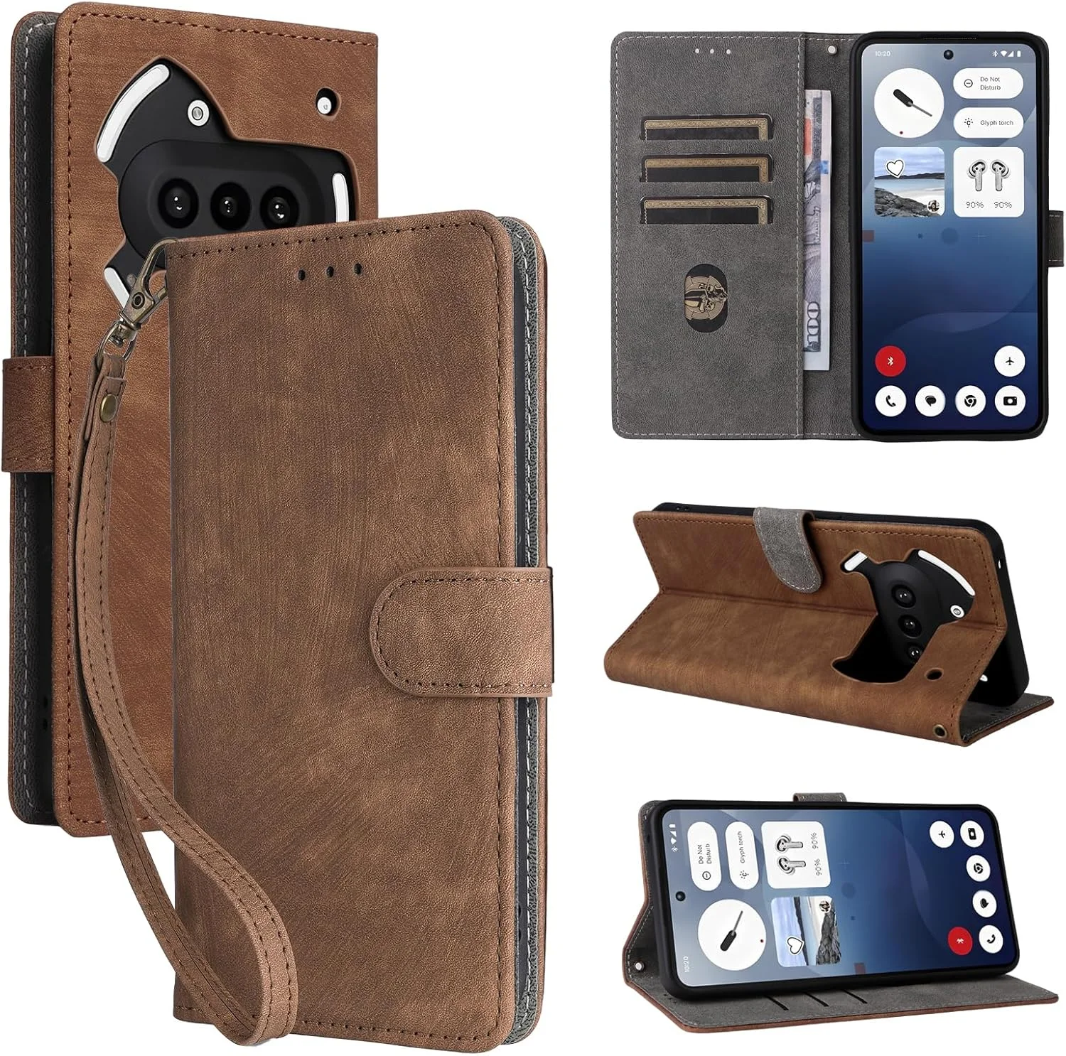 کاور محافظ تاشو گوشی ناتینگ فون 3a به همراه بند دستی، کیف چرمی PU با محافظت کامل از بدنه و ضد ضربه، کیف پول تاشو ضد سرقت RFID