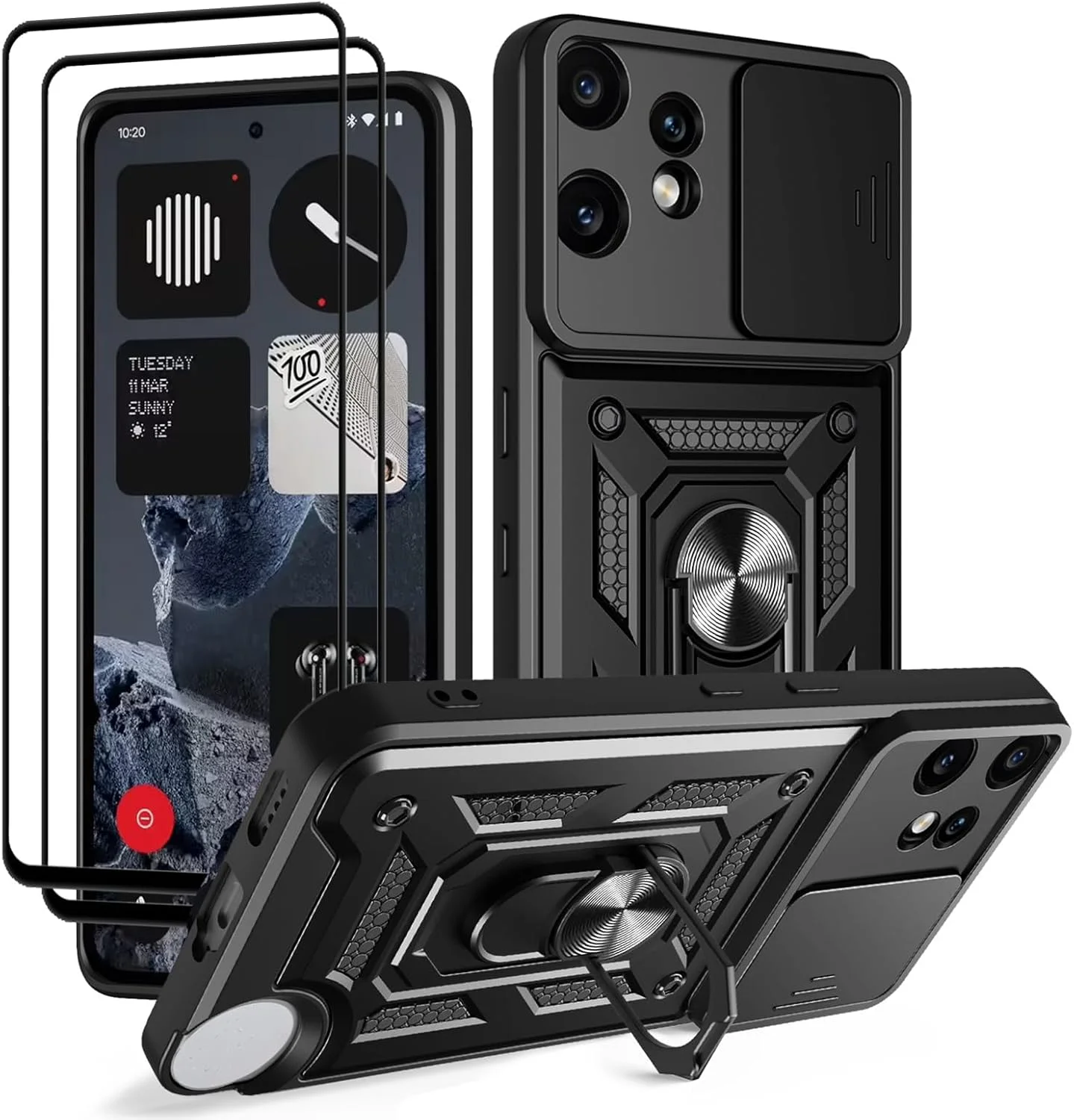 قاب محافظ گوشی ناتینگ CMF Phone 2 Pro 5G با پوشش کشویی دوربین، استند و حلقه نگهدارنده به همراه محافظ صفحه نمایش شیشه ای حرارت دیده [2 عدد]، قاب محافظ ضد ضربه با درجه نظامی، مشکی