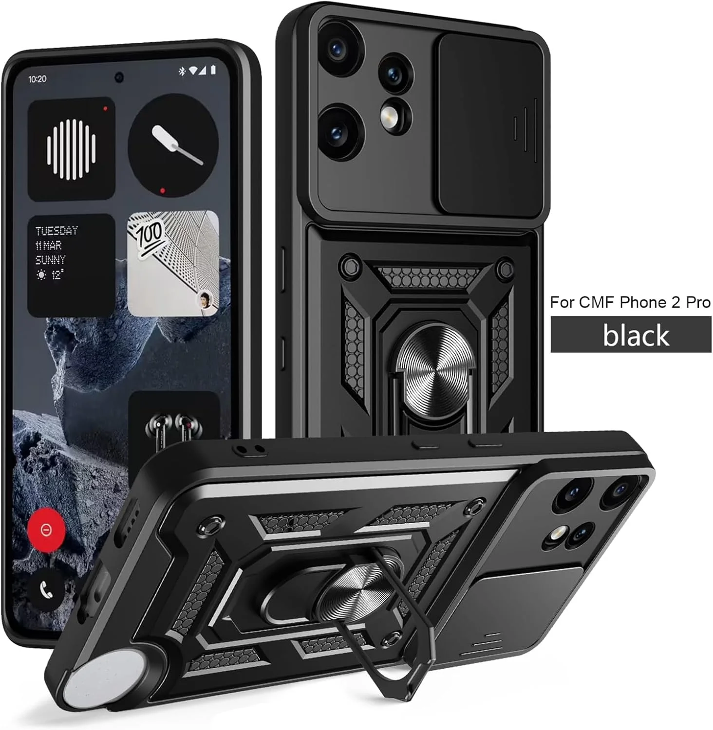 قاب محافظ گوشی ناتینگ CMF Phone 2 Pro 5G با پوشش کشویی دوربین، استند و حلقه نگهدارنده به همراه محافظ صفحه نمایش شیشه ای حرارت دیده [2 عدد]، قاب محافظ ضد ضربه با درجه نظامی، مشکی