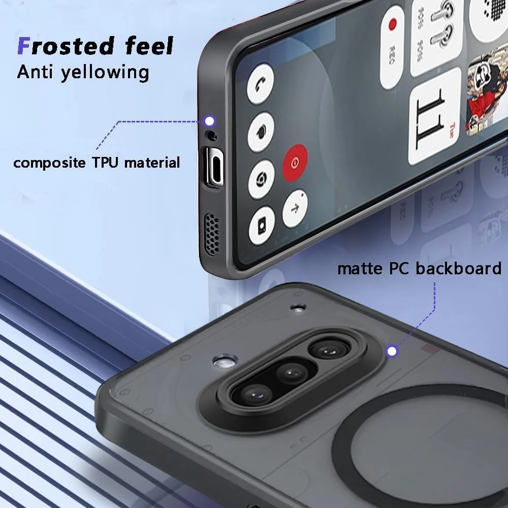 قاب محافظ گوشی ناتینگ فون 3a، کاور نیمه شفاف مغناطیسی مات با محافظت در سطح نظامی در برابر سقوط - قاب محافظ باریک و ضد ضربه برای ناتینگ فون 3a، مشکی