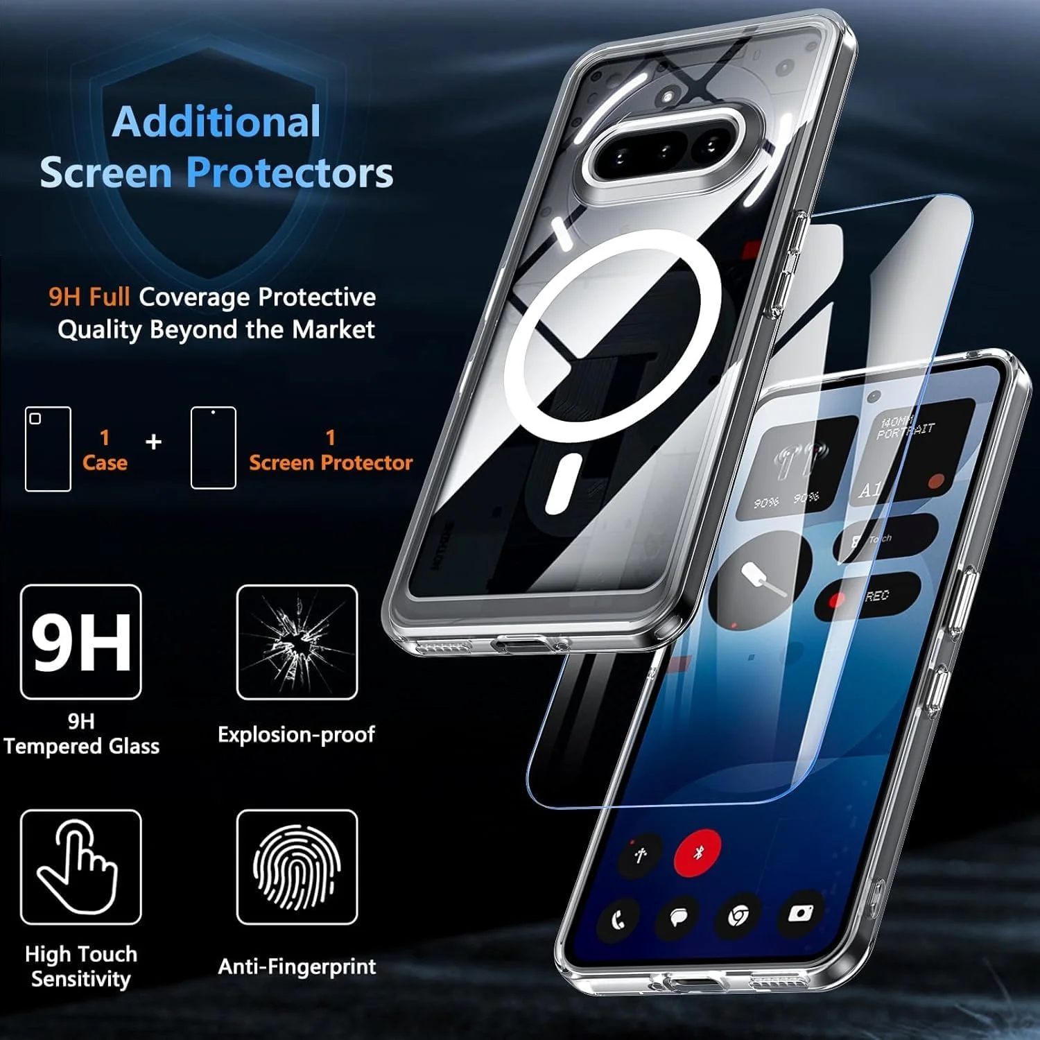 کاور محافظ [1+1] سازگار با ناتینگ فون (3a) 2025 به همراه محافظ صفحه نمایش شیشه ای حرارت دیده، کاور مغناطیسی ضد ضربه و ضد خش (شفاف مغناطیسی، ناتینگ فون (3a))