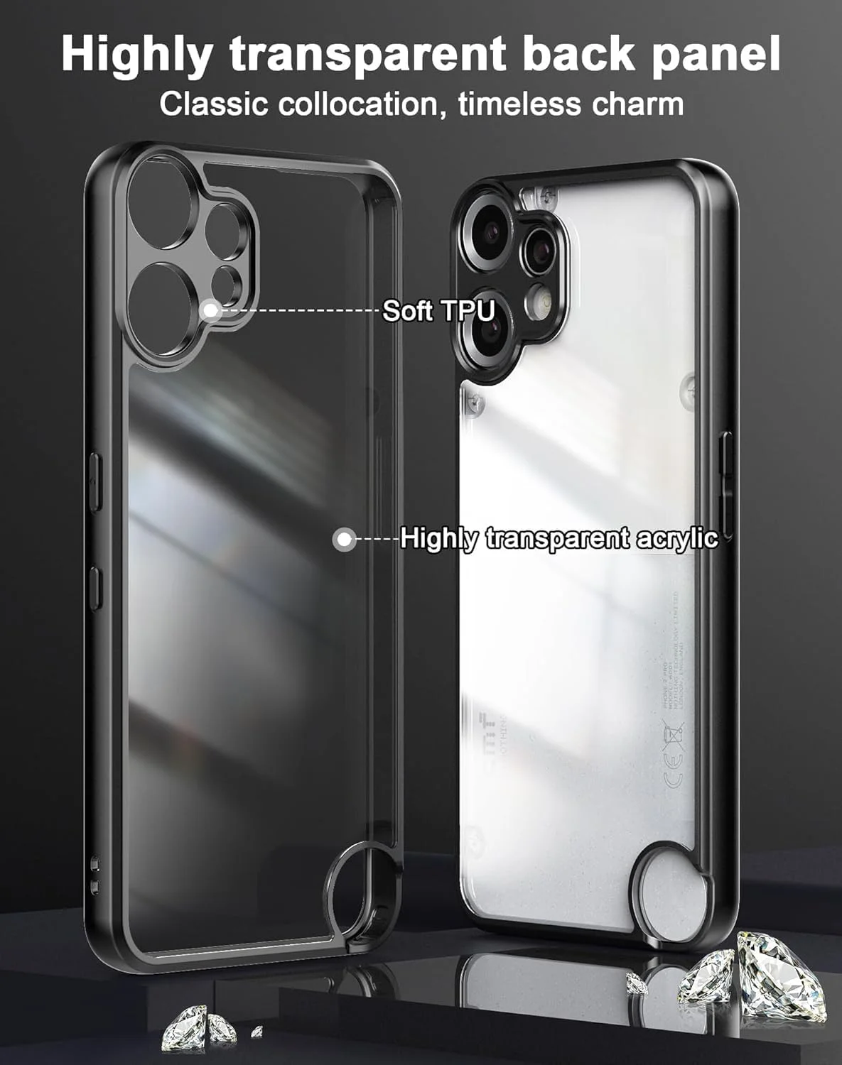 قاب محافظ گوشی CMF By Nothing Phone 2 Pro: [پشت سخت PC و سپر نرم TPU] [ضد زردی] ضد ضربه، باریک و سبک با پوشش لمسی نرم - (شفاف+مشکی)