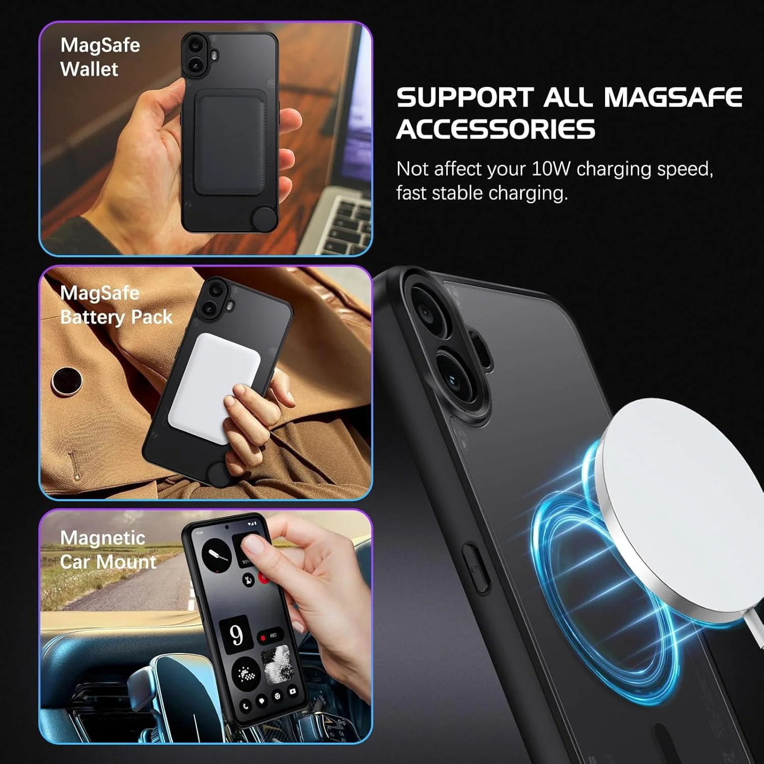 قاب محافظ مغناطیسی گوشی ناتینگ فون CMF 2 پرو، سازگار با Mag-Safe، دارای پشت سخت و ضربه‌گیر نرم، مقاوم در برابر ضربه، پوشش محافظ برای گوشی ناتینگ فون CMF 2 پرو، (مشکی + شفاف)