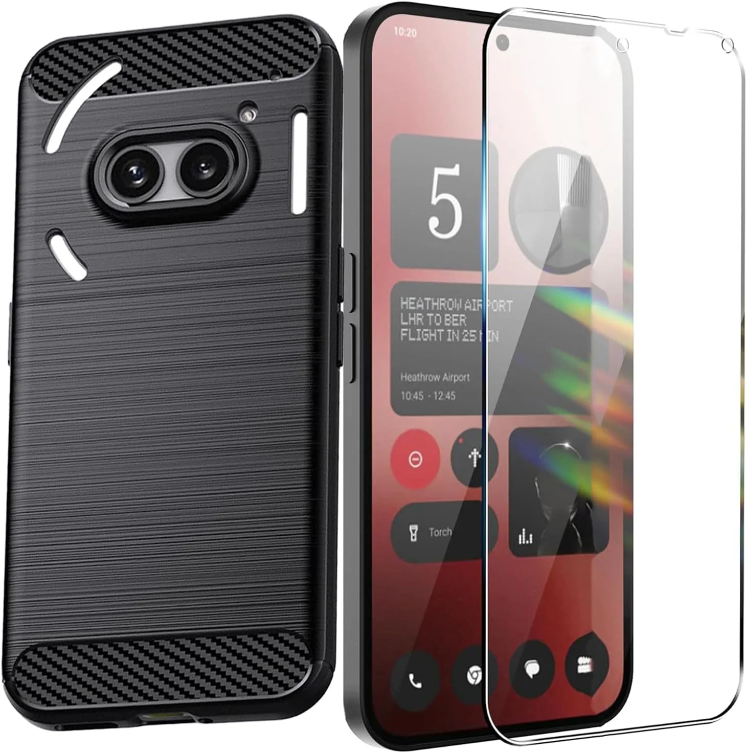 قاب محافظ گوشی ناتینگ فون 2a، جنس TPU منعطف با بافت برس خورده، محافظت ضد ضربه، به همراه محافظ صفحه نمایش شیشه ای حرارت دیده، مخصوص ناتینگ فون 2a، مشکی (مشکی)