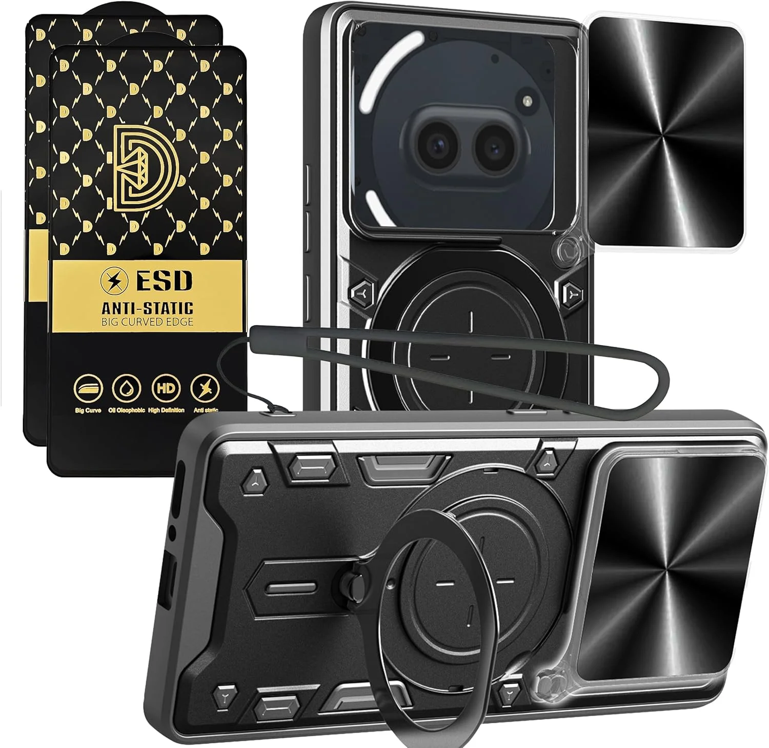 قاب گوشی ناتینگ فون 2A با بند سیلیکونی، محافظ صفحه نمایش Phone2A، محافظت در برابر سقوط نظامی، کاور Phone2A با پایه فلزی و حلقه مغناطیسی (مشکی، 2A+شیشه (2 عدد))