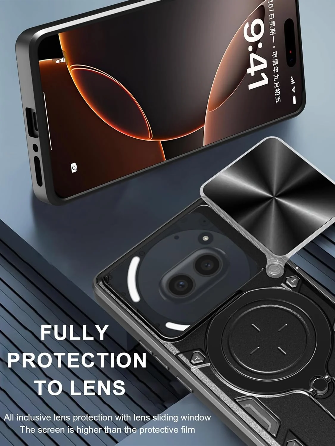 قاب گوشی ناتینگ فون 2A با بند سیلیکونی، محافظ صفحه نمایش Phone2A، محافظت در برابر سقوط نظامی، کاور Phone2A با پایه فلزی و حلقه مغناطیسی (مشکی، 2A+شیشه (2 عدد))