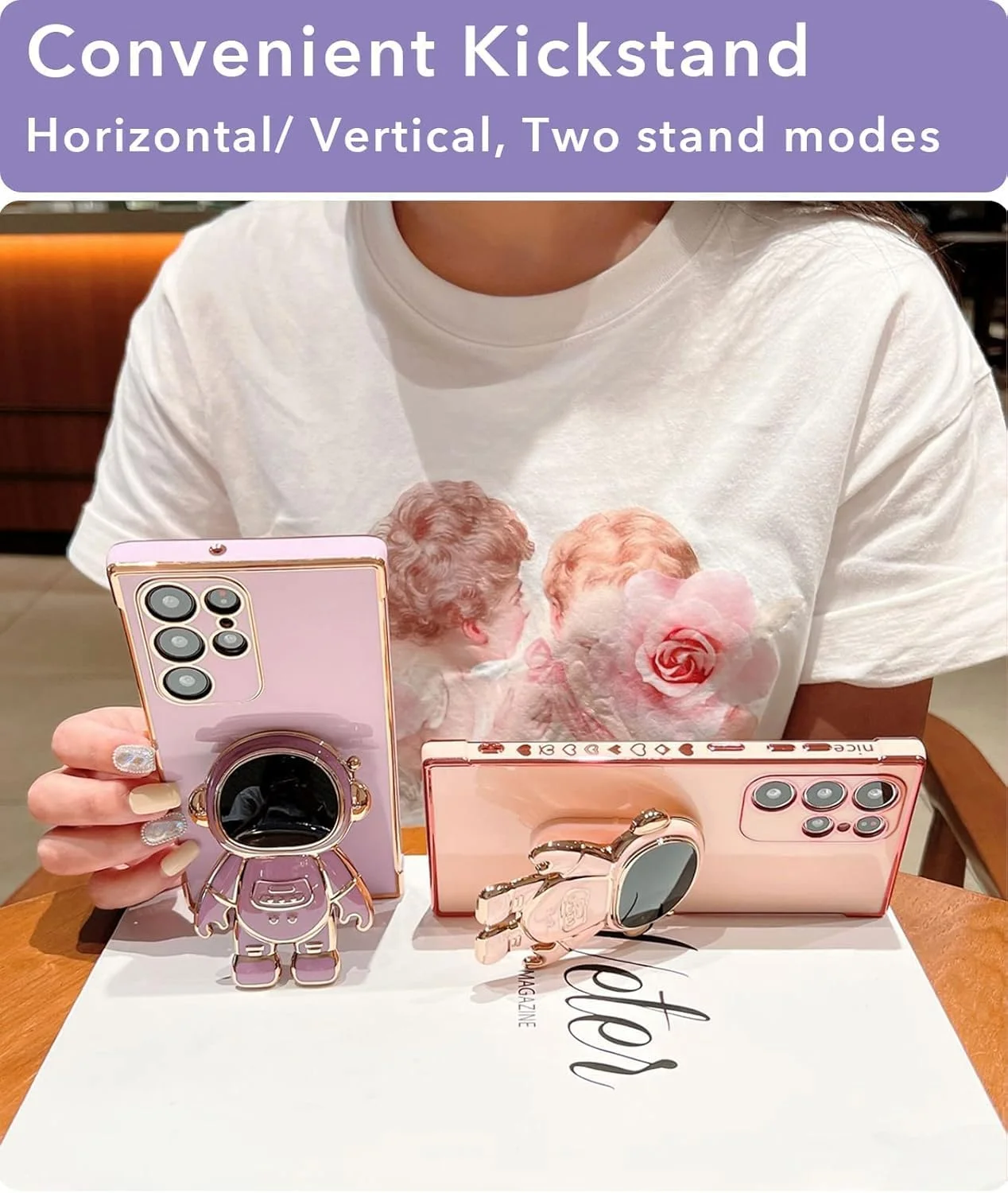 قاب گوشی ELEPIK برای سامسونگ گلکسی S25 Ultra با پایه نگهدارنده زنانه، طراحی فضانورد شیک و لوکس، محافظت کامل از دوربین، TPU نرم، قاب محافظ باریک ضد ضربه، بنفش