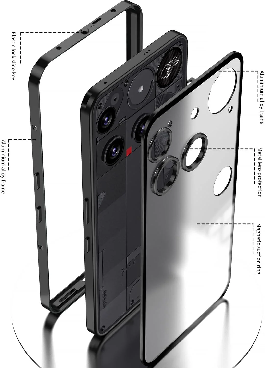 کاور محافظ گوشی ناتینگ فون (3) 5G مدل 2025، فریم فلزی آلیاژ آلومینیوم، پشت مات و نیمه شفاف، ضد ضربه، رنگ نقره ای