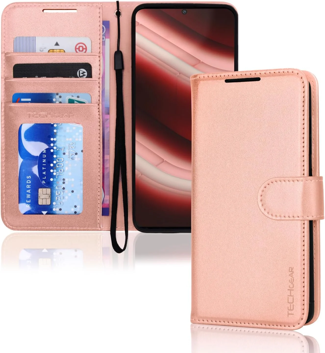 کیف پول چرمی TECHGEAR مناسب برای Nothing Phone 2a، دارای جای کارت مسدود کننده RFID، استند و بند مچی، چرم PU رزگلد با قفل مغناطیسی