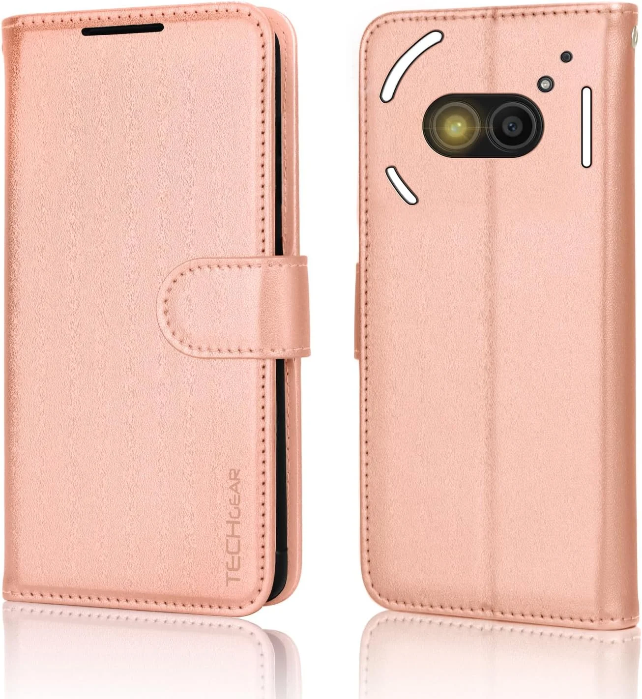 کیف پول چرمی TECHGEAR مناسب برای Nothing Phone 2a، دارای جای کارت مسدود کننده RFID، استند و بند مچی، چرم PU رزگلد با قفل مغناطیسی