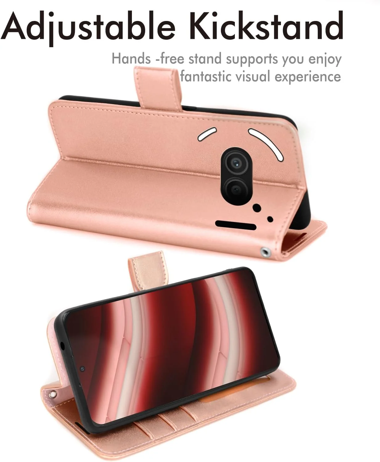 کیف پول چرمی TECHGEAR مناسب برای Nothing Phone 2a، دارای جای کارت مسدود کننده RFID، استند و بند مچی، چرم PU رزگلد با قفل مغناطیسی