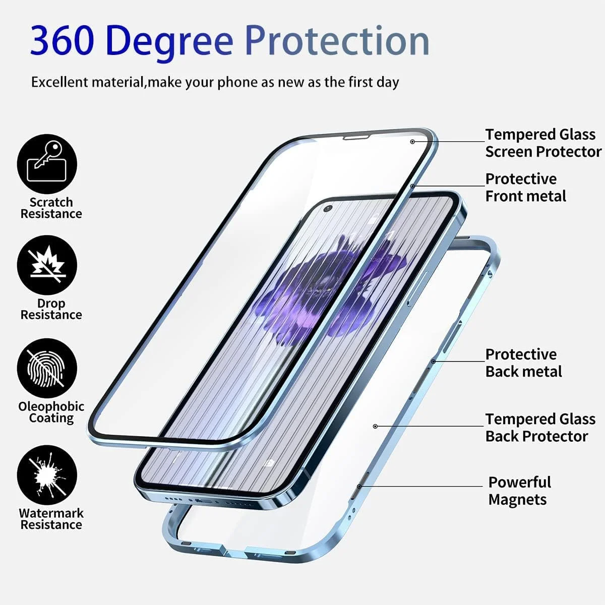 قاب محافظ گوشی ناتینگ فون (1) با فناوری جذب مغناطیسی، محافظت 360 درجه، ضد ضربه، فریم آلومینیومی، شیشه حرارت دیده، آهنربای قوی، کاور فلزی تاشو