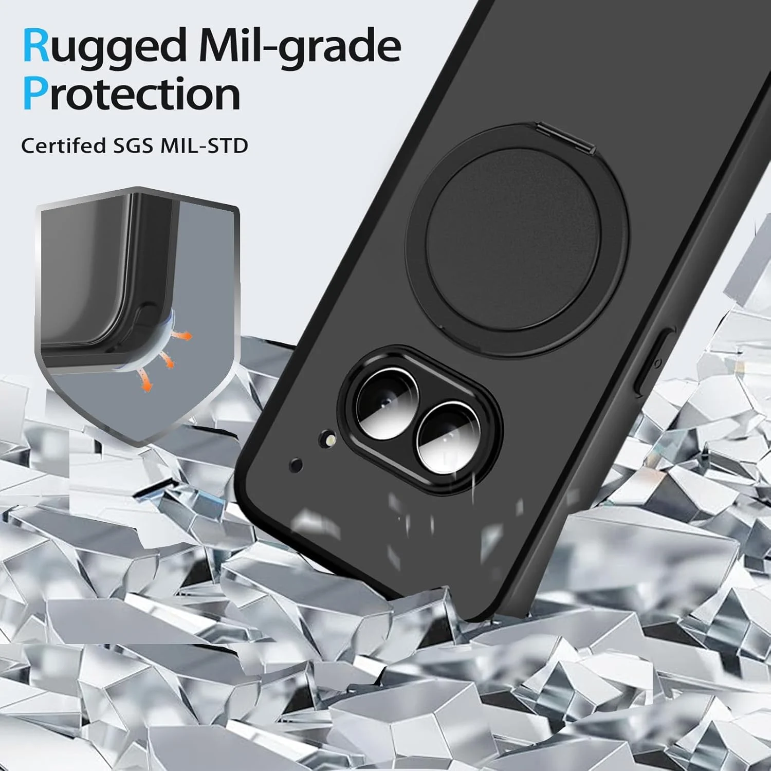 قاب استند مغناطیسی HikerClub برای Nothing Phone 2A (2024)، قاب گوشی با استند مغناطیسی چرخان 360 درجه و ضد اثر انگشت، مشکی